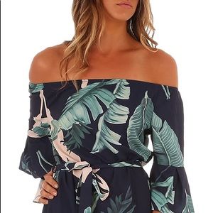 Off Shoulder Bell Sleeve Palm Leaf Print Tunic
